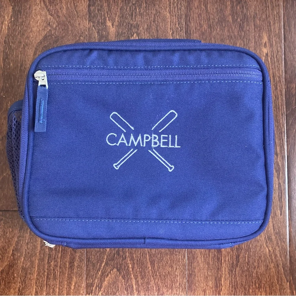 New Pottery Barn Kids Navy Blue Lunch Box CAMPBELL & Baseball Monogram